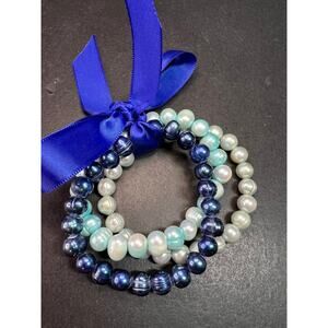 Set of three freshwater pearl shades of blue stretch bracelets